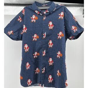 Men’s Christmas Denim & Flower Santa Button Up Short Sleeve Size S Blue